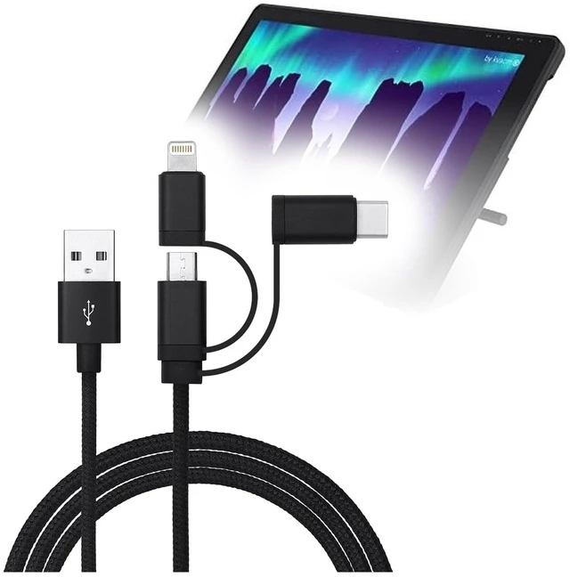 Main image of BoxWave Cable Compatible with Huion Kamvas 22 (21.5 in) - AllCharge 3-in-1 Cable - Jet Black