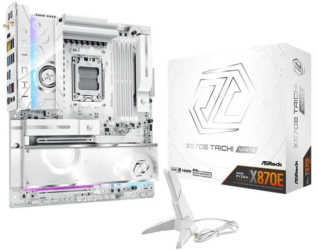 Main image of ASRock X870E Taichi White EATX Motherboard, AMD AM5 Ryzen 9000-7000, DDR5 8200+ (OC), PCIe 5.0 & USB4, 10GbE, Wi-Fi 7, 24+2+1 Phase 110A SPS