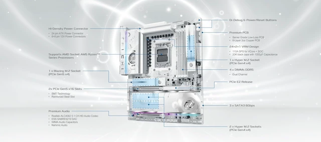 Alt view image 5 of 5 - ASRock X870E Taichi White EATX Motherboard, AMD AM5 Ryzen 9000-7000, DDR5 8200+ (OC), PCIe 5.0 & USB4, 10GbE, Wi-Fi 7, 24+2+1 Phase 110A SPS