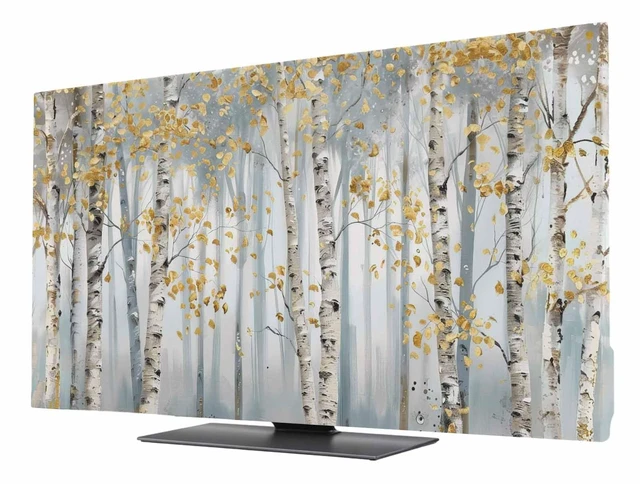Main image of TV Cover for 65 Inch Screen, Yellow Grey Forest Stretch Fabric Dustproof TV Display Protector, Grey Modern Art Oil Painting Elastic Slipcover Monitor Cover for Indoor Desktop Computer 56.7"x31.9"