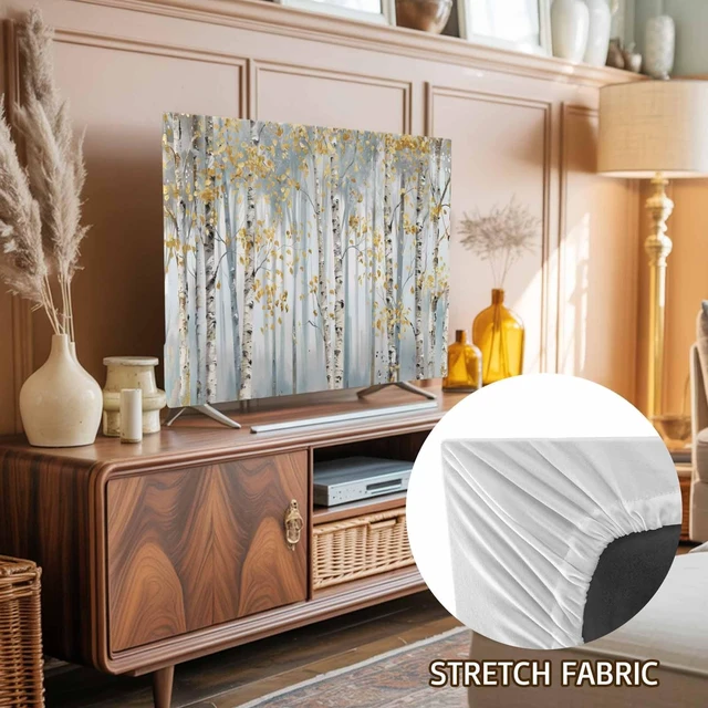 Alt view image 2 of 5 - TV Cover for 65 Inch Screen, Yellow Grey Forest Stretch Fabric Dustproof TV Display Protector, Grey Modern Art Oil Painting Elastic Slipcover Monitor Cover for Indoor Desktop Computer 56.7"x31.9"