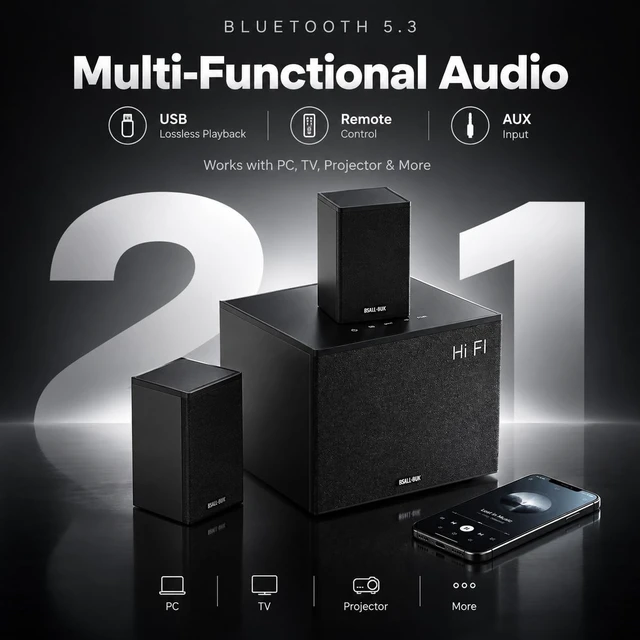 Alt view image 2 of 5 - IBALLBOX 2.1 Computer Speakers with Subwoofer, PC Speakers for Desktop with Deep Bass, Bluetooth USB Optical Gaming Sound System for Monitor and Laptop