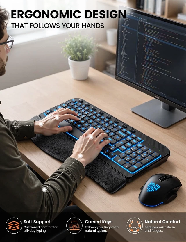 Alt view image 2 of 5 - SABLUTE Wireless Keyboard and Mouse Combo, Ergonomic Wave with Wrist Rest