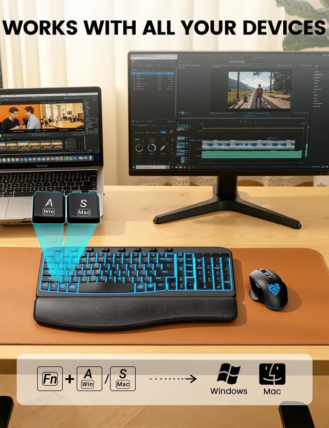 Alt view image 5 of 5 - SABLUTE Wireless Keyboard and Mouse Combo, Ergonomic Wave with Wrist Rest