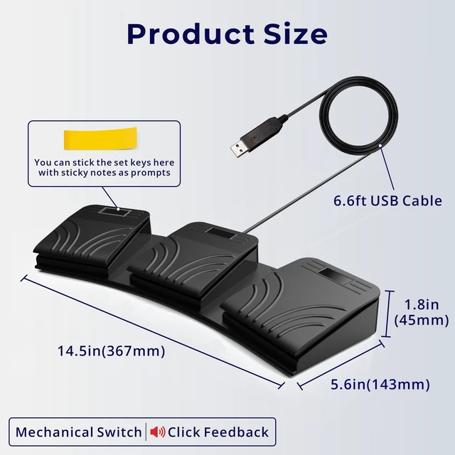 Alt view image 2 of 5 - LYRIXEN USB Triple Foot Pedal for PC, Programmable Mechanical HID Keypad