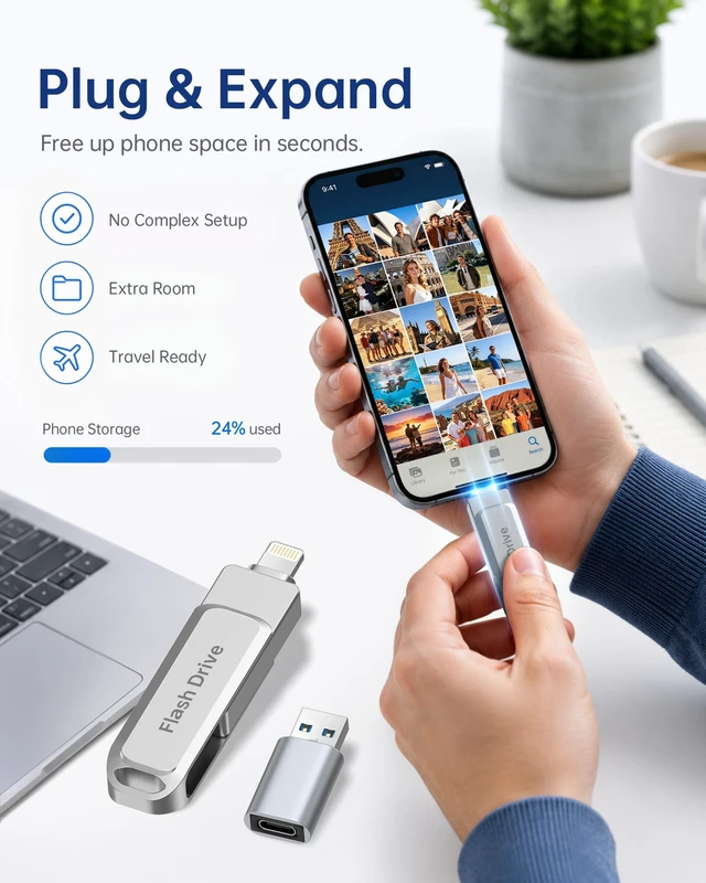 Alt view image 3 of 5 - 512GB MFi Certified Photo Stick for iPhone Flash Drive, 3 in 1 USB Memory Stick Thumb Drive(Silver)for iPhone/iPad/Android/Mac/PC, Picture Keeper for Photos & Files Storage with ~484GB Available Space