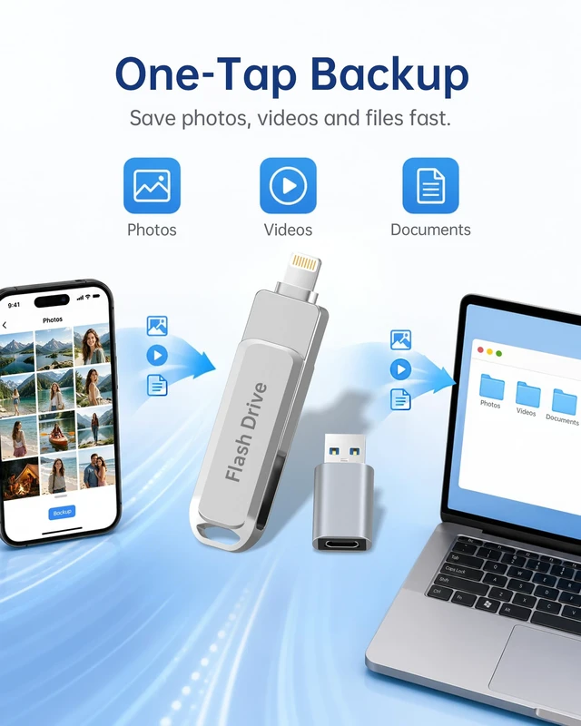 Alt view image 5 of 5 - 512GB MFi Certified Photo Stick for iPhone Flash Drive, 3 in 1 USB Memory Stick Thumb Drive(Silver)for iPhone/iPad/Android/Mac/PC, Picture Keeper for Photos & Files Storage with ~484GB Available Space