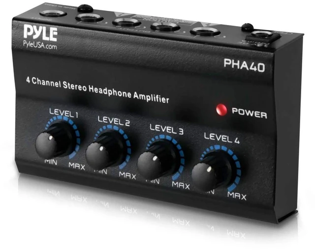 Main image of 4-Channel Portable Stereo Headphone Amplifier - Professional Multi Channel Mini Earphone Splitter Amp w/ 4 Balanced TRS Headphones Output Jack and 1/4" TRS Audio Input For Sound Mixer - Pyle PHA40 BL
