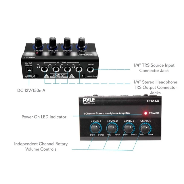 Alt view image 2 of 5 - 4-Channel Portable Stereo Headphone Amplifier - Professional Multi Channel Mini Earphone Splitter Amp w/ 4 Balanced TRS Headphones Output Jack and 1/4" TRS Audio Input For Sound Mixer - Pyle PHA40 BL