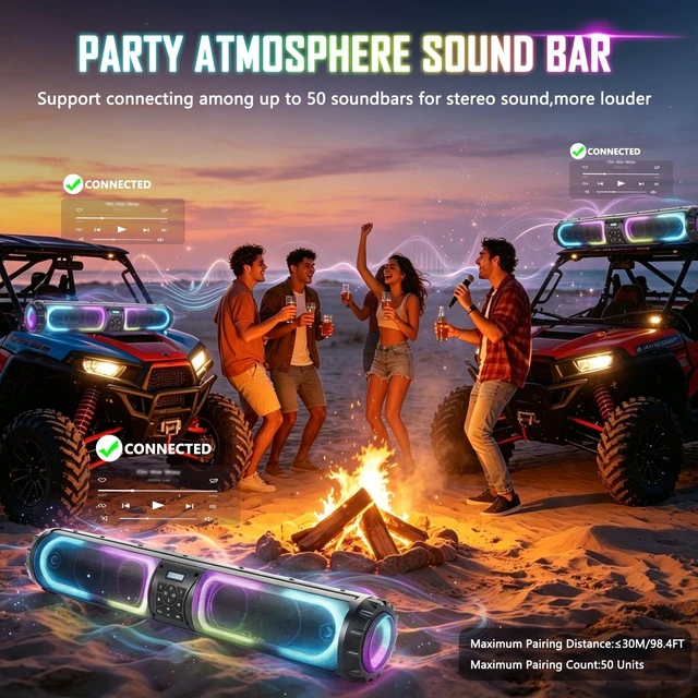 Alt view image 4 of 5 - TIPHOPE 32 Inch UTV Sound Bar with 8 Speaker Music Sync RGB Lights Golf Cart Soundbar Waterproof ATV Speaker UTV Sound System Fits 1-2 Roll Cages for UTV ATV Boat,Easy Installation