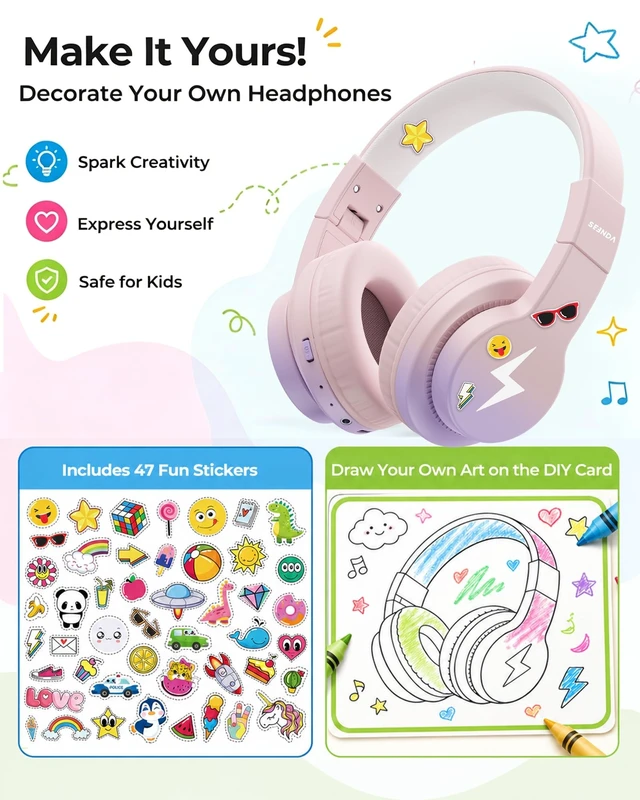Alt view image 2 of 5 - seenda JCH-01 Kids Bluetooth Headphones, 85/94dB, 3 Light Modes,Purple&Pink