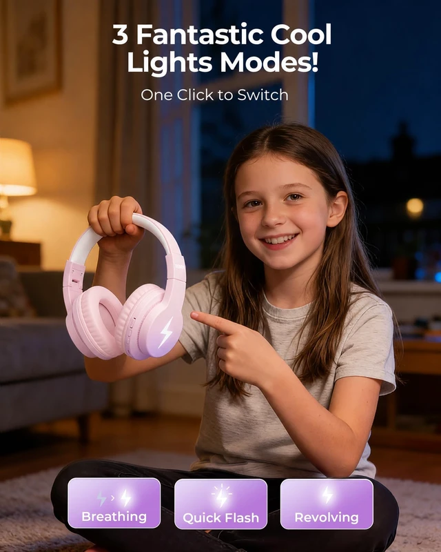Alt view image 5 of 5 - seenda JCH-01 Kids Bluetooth Headphones, 85/94dB, 3 Light Modes,Purple&Pink