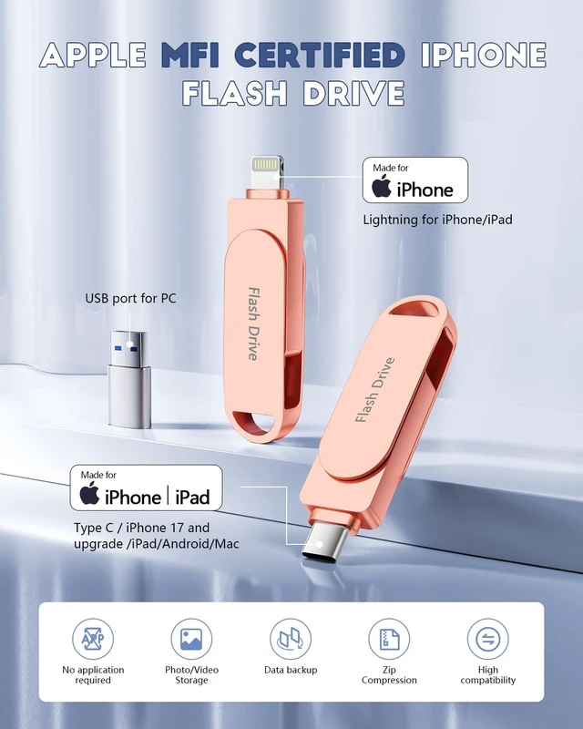 Alt view image 2 of 5 - (No APP Required) MFi Certified USB Flash Drive for iPhone Photo Stick 512GB for Photo/Video Backup Drive, 3-in-1 iPhone Memory Stick, High-Speed USB Stick Compatible for iPhone/iPad/Android/PC Pink