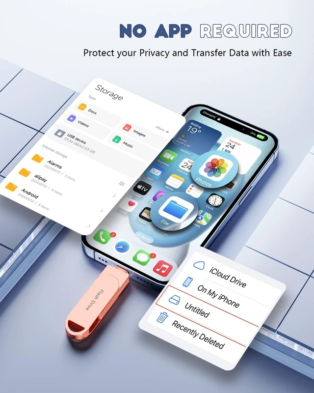 Alt view image 4 of 5 - (No APP Required) MFi Certified USB Flash Drive for iPhone Photo Stick 512GB for Photo/Video Backup Drive, 3-in-1 iPhone Memory Stick, High-Speed USB Stick Compatible for iPhone/iPad/Android/PC Pink