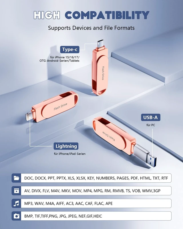 Alt view image 5 of 5 - (No APP Required) MFi Certified USB Flash Drive for iPhone Photo Stick 512GB for Photo/Video Backup Drive, 3-in-1 iPhone Memory Stick, High-Speed USB Stick Compatible for iPhone/iPad/Android/PC Pink