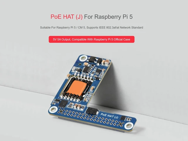 Alt view image 2 of 5 - Power Over Ethernet PoE/PoE+ HAT for Raspberry Pi 5 / CM 5, IEEE 802.3af/at Network Standard, 5V 5A Output, Isolated SMPS, Compatible with Raspberry Pi 5 Official Case and Active Cooler