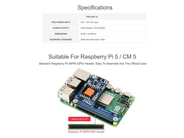 Alt view image 3 of 5 - Power Over Ethernet PoE/PoE+ HAT for Raspberry Pi 5 / CM 5, IEEE 802.3af/at Network Standard, 5V 5A Output, Isolated SMPS, Compatible with Raspberry Pi 5 Official Case and Active Cooler
