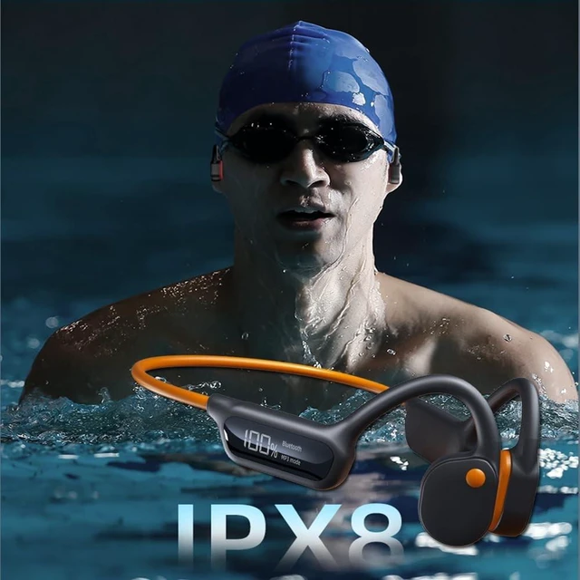 Alt view image 2 of 5 - AYI True Bone Conduction Swimming Headphones with Bluetooth 5.4 & MP3 Player Mode 32GB Built-in Memory IPX8 Waterproof Screen Display Pain-Free Open-Ear Earphone for Sport and Work-X10 Black Orange