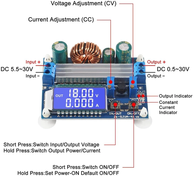 Alt view image 4 of 5 - 4Pcs DC-DC Buck Boost Converter Module 5.5-30V to 0.5-30V 4A 35W Adjustable Step Up Down Voltage Regulator LCD Digital Voltmeter Ammeter Adjustable Boost Drop Display Power Supply Module