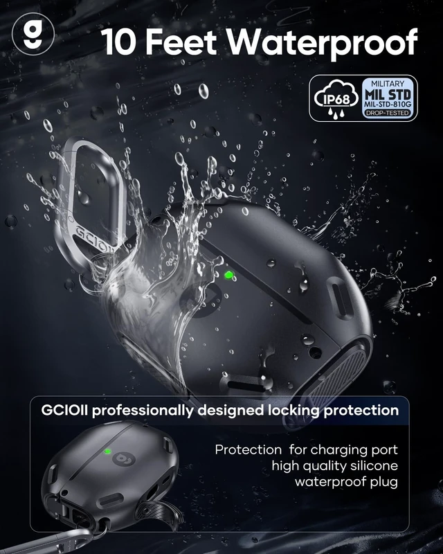Alt view image 3 of 5 - Gcioii for AirPods Pro 3 Case, IP68 Waterproof, Lock & Carabiner, Black