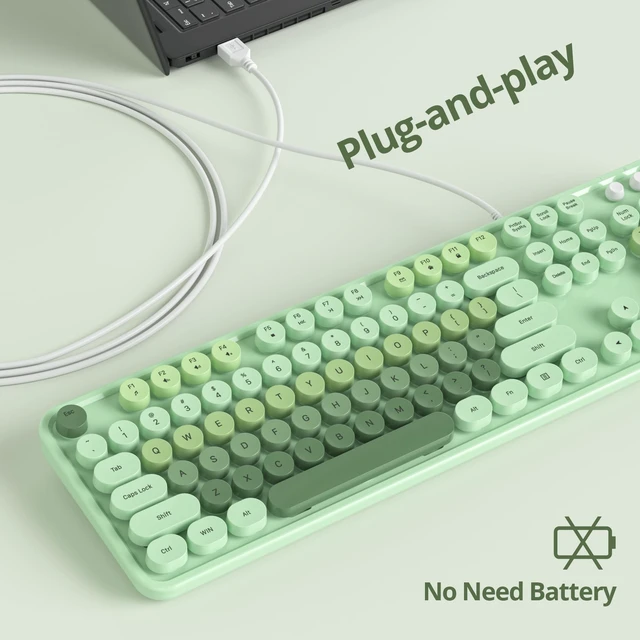 Alt view image 5 of 5 - Ussixchare Wired Typewriter Keyboard Full Size Green Keyboard Retro Computer Keyboard with Round Keycaps for Windows Laptop(Green)