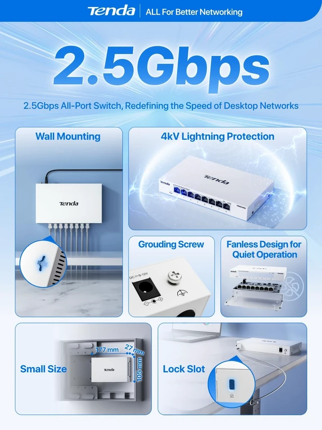 Alt view image 2 of 5 - Tenda Ethernet Switch 2.5Gb, 8-Port 2.5Gb Switch, Metal Case Plug & Play