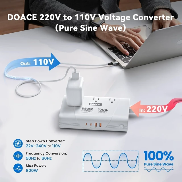 Alt view image 4 of 5 - DOACE 220V to 110V Converter, 800W Voltage Converter US to Europe for Hair Straightener/Curler/Phone (White)