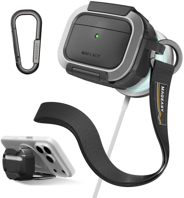 Main image of MAGEASY Axiz AirPods Pro 3 Case Cover with Lock & Phone Stand, Keychain Carabiner + Wristlet Strap, MagSafe Aviation-Grade Aluminum Locking Mechanism, Rugged Shockproof Shell (Metal Black)