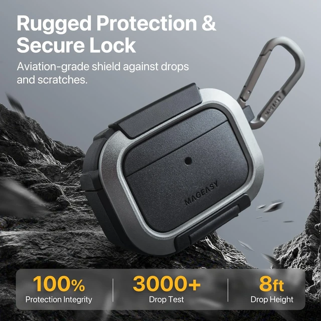 Alt view image 3 of 5 - MAGEASY Axiz AirPods Pro 3 Case Cover with Lock & Phone Stand, Keychain Carabiner + Wristlet Strap, MagSafe Aviation-Grade Aluminum Locking Mechanism, Rugged Shockproof Shell (Metal Black)