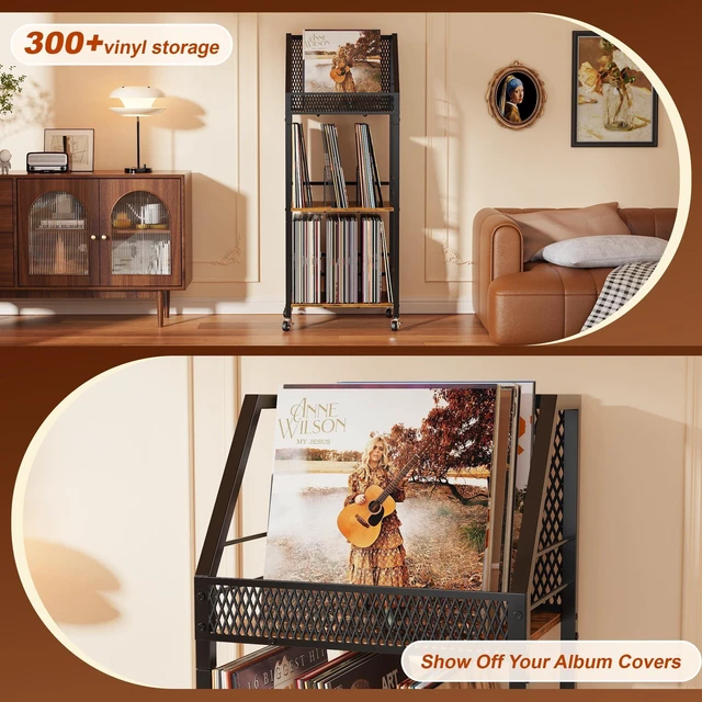 Alt view image 2 of 5 - Emfogo Vinyl Record Storage Holder for 300 Albums, 3-Tier Rolling Record Shelf with Dividers and Record Display, Space-Saving Vinyl Record Stand with Wheels for Magazines, Books and CDs