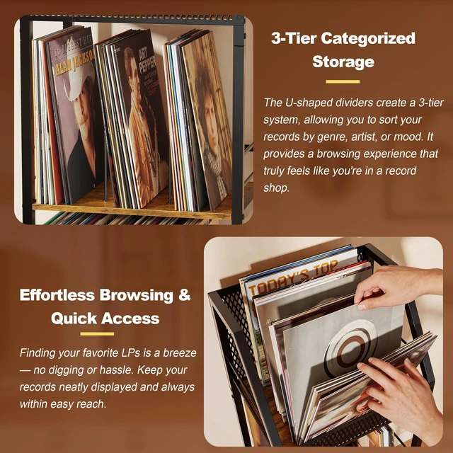 Alt view image 3 of 5 - Emfogo Vinyl Record Storage Holder for 300 Albums, 3-Tier Rolling Record Shelf with Dividers and Record Display, Space-Saving Vinyl Record Stand with Wheels for Magazines, Books and CDs