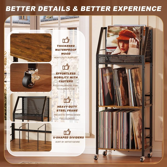 Alt view image 4 of 5 - Emfogo Vinyl Record Storage Holder for 300 Albums, 3-Tier Rolling Record Shelf with Dividers and Record Display, Space-Saving Vinyl Record Stand with Wheels for Magazines, Books and CDs