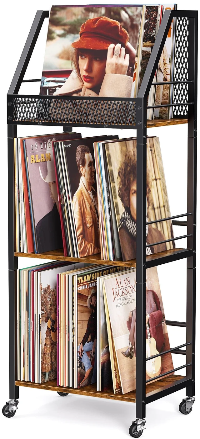 Main image of Emfogo Vinyl Record Storage Holder for 300 Albums, 3-Tier Rolling Record Shelf with Dividers and Record Display, Space-Saving Vinyl Record Stand with Wheels for Magazines, Books and CDs