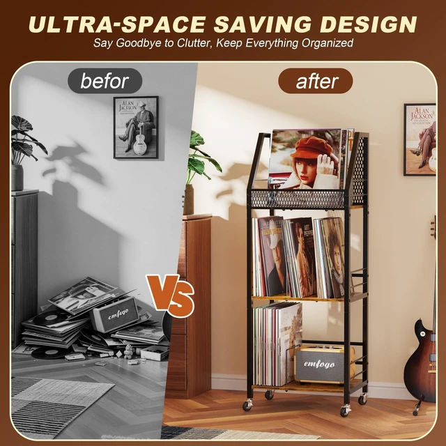 Alt view image 5 of 5 - Emfogo Vinyl Record Storage Holder for 300 Albums, 3-Tier Rolling Record Shelf with Dividers and Record Display, Space-Saving Vinyl Record Stand with Wheels for Magazines, Books and CDs