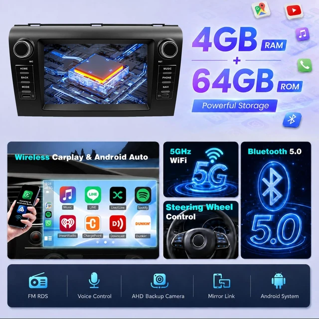 Alt view image 3 of 5 - Upgrcaru 4+64G Car Radio for Mazda 3 2004 2005 2006 2007 2008 2009