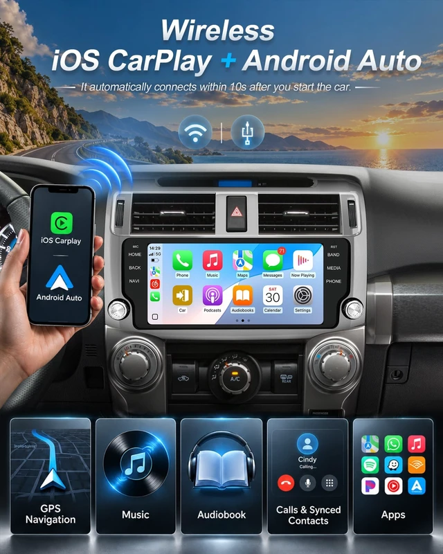 Alt view image 2 of 5 - 10.33" Car Radio Upgrade for Toyota 4 Runner 2010-2019,Wireless CarPlay Android Auto,Android 13 Head Unit with WiFi SWC GPS 1080P Backup Camera 4+64GB-Silver