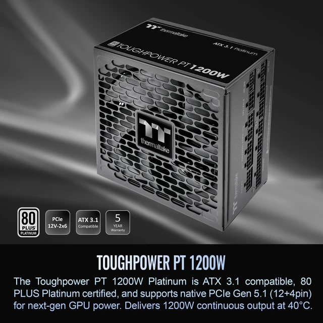 Alt view image 2 of 5 - Thermaltake Toughpower PT 1200W; ATX 3.1; x2 Native PCIe 5.1 12V-2x6; Etched Flat Cables; Dual-Color H++ Connectors; 100% Japanese Capacitors; 135mm Fan; 80 Plus Platinum; Black; PS-TPP-1200