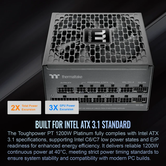 Alt view image 4 of 5 - Thermaltake Toughpower PT 1200W; ATX 3.1; x2 Native PCIe 5.1 12V-2x6; Etched Flat Cables; Dual-Color H++ Connectors; 100% Japanese Capacitors; 135mm Fan; 80 Plus Platinum; Black; PS-TPP-1200