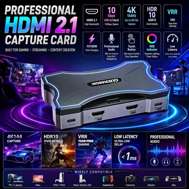 Alt view image 2 of 5 - Guermok 4K144 HDMI2.1 USB Capture Card, Ultra-Low Latency 4K Video Capture