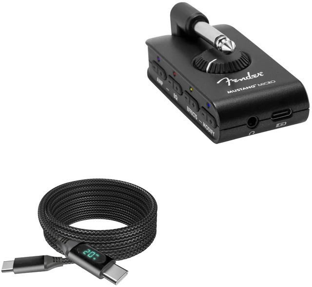 Main image of BoxWave Cable Compatible with Fender Mustang Micro Guitar Headphone Amp - PowerDisplay PD Cable (6ft) - USB-C to USB-C (100W), LED Wattage Info Extra Long Braided Nylon - Jet Black