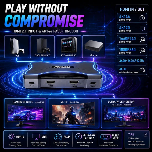 Alt view image 3 of 5 - Guermok 4K144 HDMI2.1 USB Capture Card, Ultra-Low Latency 4K Video Capture