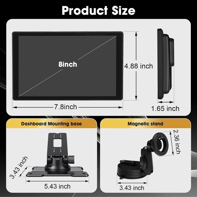 Alt view image 2 of 5 - Stihoze 8'' Wireless Carplay Screen for Car, Portable Apple Car Play & Android Auto Car Stereo HD 1080P Touchscreen, Vertical/Horizontal Mode, Magnetic Mount, 5.0G WiFi, Voice Control & GPS Nav