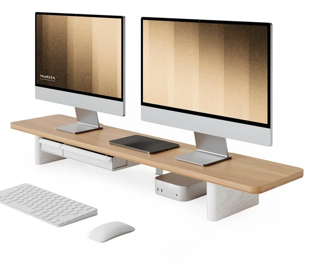 Main image of Fenge 42.5" Dual Monitor Stand with Storage Drawer & Solid Wood Legs