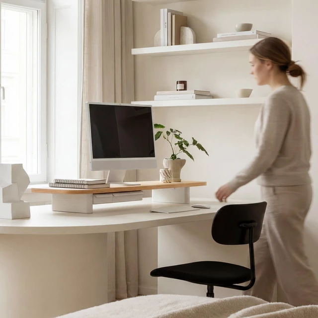 Alt view image 2 of 5 - Fenge 42.5" Dual Monitor Stand with Storage Drawer & Solid Wood Legs
