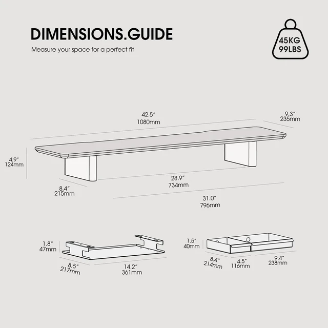 Alt view image 3 of 5 - Fenge 42.5" Dual Monitor Stand with Storage Drawer & Solid Wood Legs