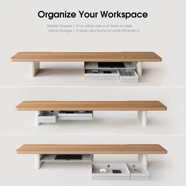Alt view image 4 of 5 - Fenge 42.5" Dual Monitor Stand with Storage Drawer & Solid Wood Legs