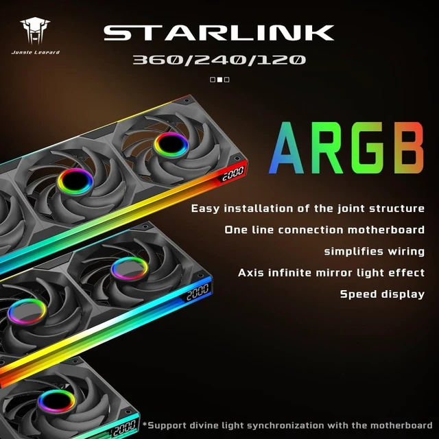 Alt view image 2 of 5 - Jungle Leopard Star-Link 240 ARGB PC Reverse Blade Case Fan - Integrated -Type Infinity Mirror Design with 3 x 120mm ARGB&PWM Fans, Suitable for Computer Case(Black Forward 240mm)