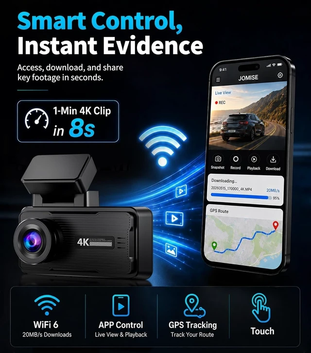 Alt view image 5 of 5 - JOMISE 4K Dash Cam,5G WiFi Car Camera Built-in GPS,4K+1080P Dash Cam Front and Rear Inside,170 Wide Angle dashcam,24H Parking Mode with Loop Recording, Night Vision, 64GB Card,3-Inch Screen,Max 256GB