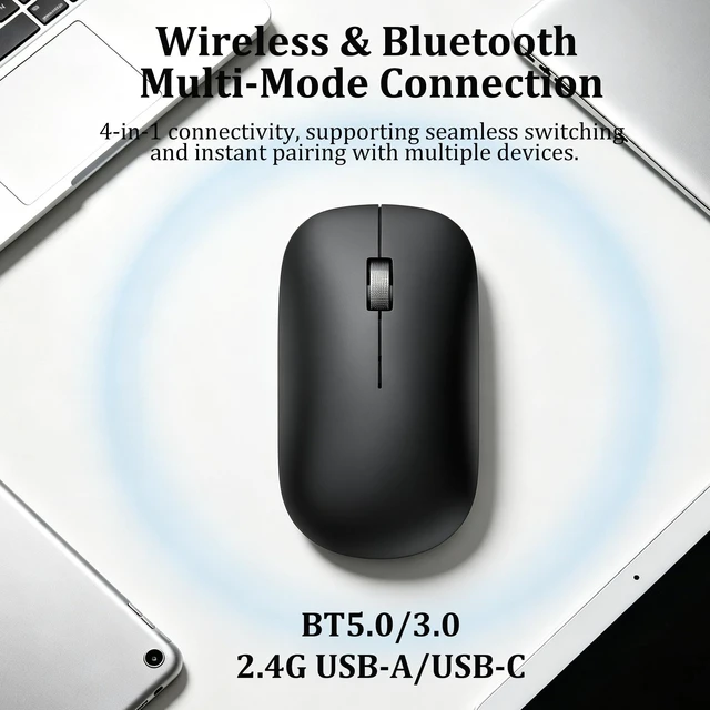 Alt view image 2 of 5 - Wireless Bluetooth Mouse, 4 Modes Bluetooth 3.0/5.0 & 2.4G USB-A/Type-C Receiver, Ultra-Thin Silent Ergonomic Cordless Mouse for MacBook Windows PC Laptop Smartphone Tablet, Office Travel Home