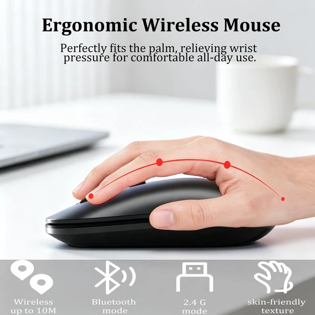 Alt view image 5 of 5 - Wireless Bluetooth Mouse, 4 Modes Bluetooth 3.0/5.0 & 2.4G USB-A/Type-C Receiver, Ultra-Thin Silent Ergonomic Cordless Mouse for MacBook Windows PC Laptop Smartphone Tablet, Office Travel Home